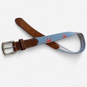 Peter Millar Needlepoint Belt Blue Leather Trim Golf Preppy Made USA Size 34